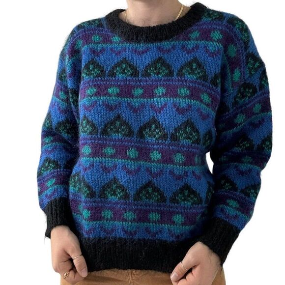 Vintage 1980s Gallagher Blue Mohair Fluffy Geometric Retro Preppy Sweater Sz M - Picture 4 of 8